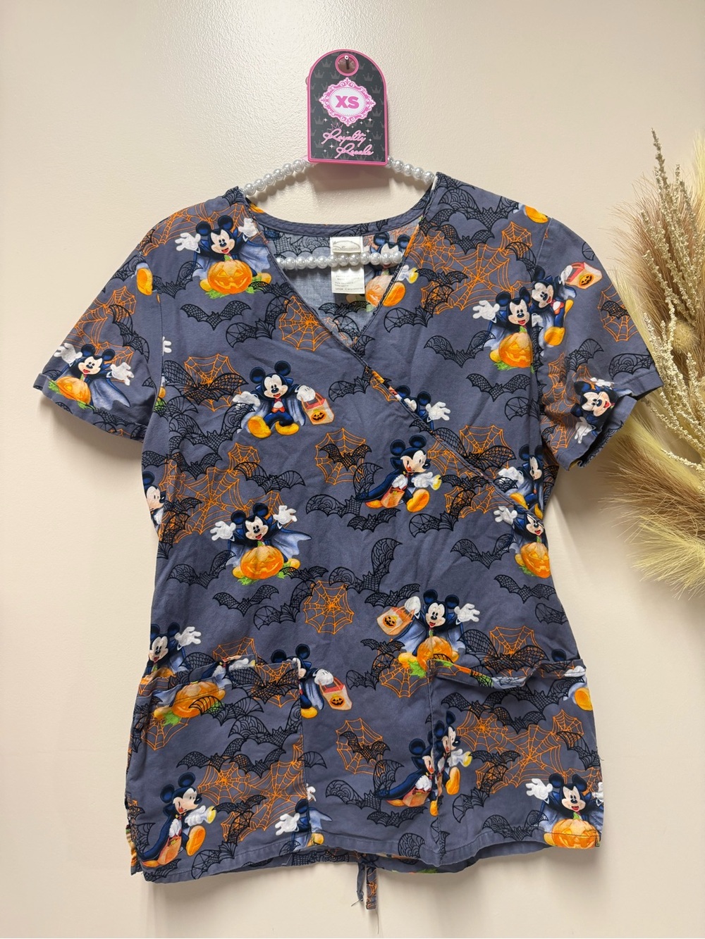 Disney Gray and Orange Mickey Mouse Halloween Scrub Top